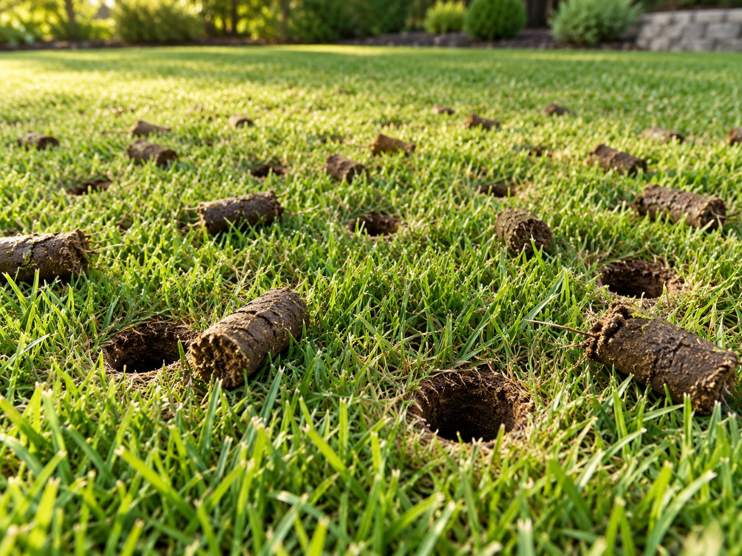 Small soil plugs and holes left by core aeration in a green lawn